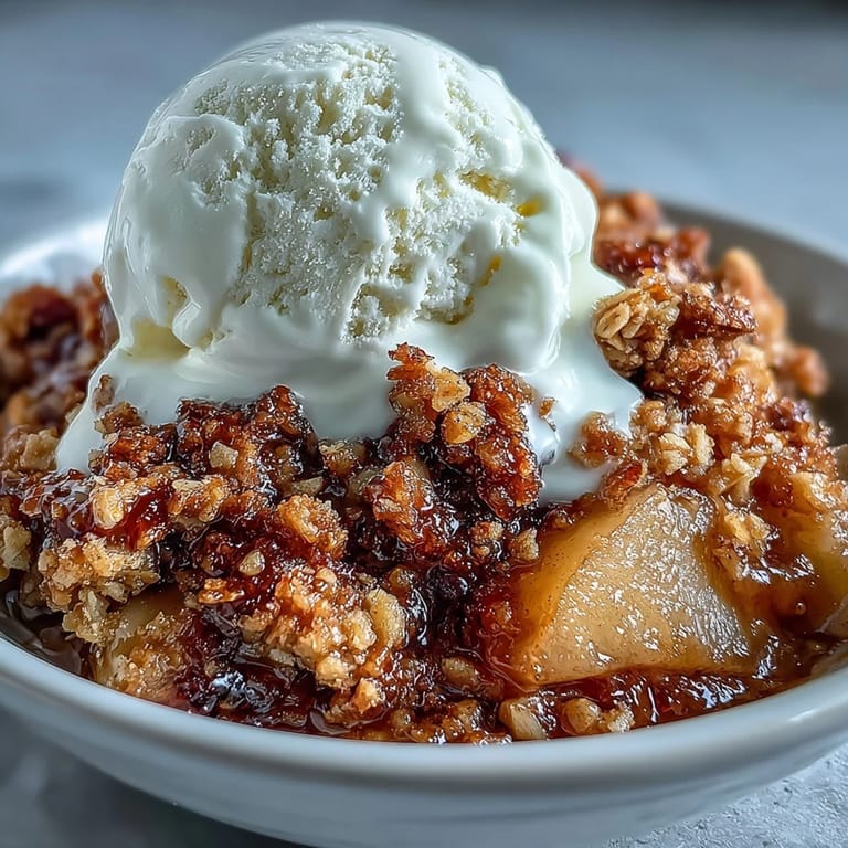 Freshly baked Pear Crumble reveals juicy cinnamon pears beneath a rustic, buttery crumble.