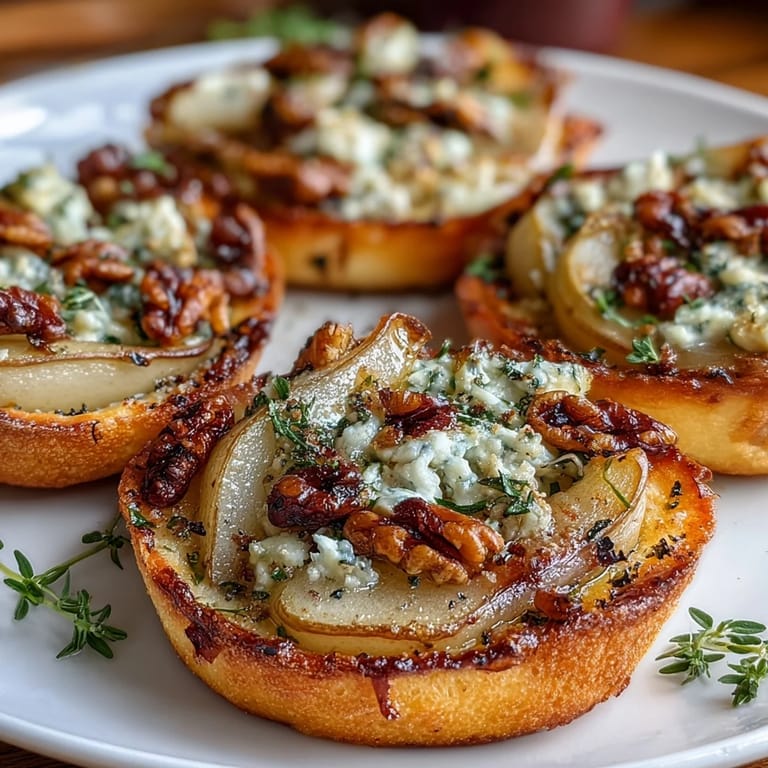A close-up of rustic pear, Gorgonzola, and pickled walnut pizzettes, drizzled with honey and served on a wooden board.