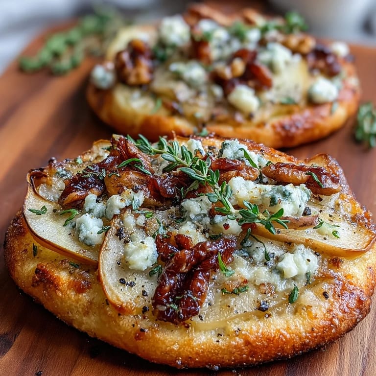 Golden mini pizzas featuring sweet pears, creamy Gorgonzola, and sliced pickled walnuts, finished with fresh thyme and black pepper.