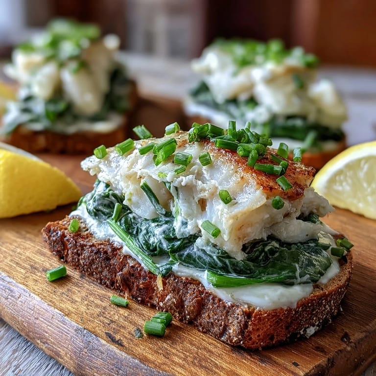 Smoked haddock and spinach rye toasts ready to serve with crème fraîche and fresh chives.  