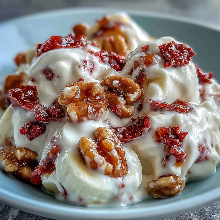 A close-up of frozen Strawberry & Banana Yogurt Clusters with marbled yogurt and honey.