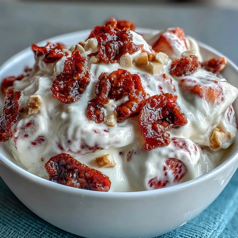 Hand holding a single Strawberry & Banana Yogurt Cluster, ready to enjoy as a frozen snack.