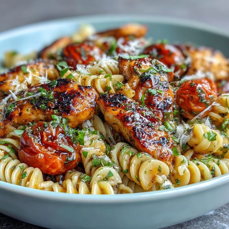 Golden-seared chicken breast slices rest atop al dente penne, surrounded by softened tomatoes, basil ribbons, and melted mozzarella cheese.