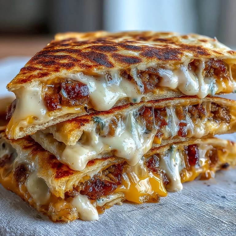 Griddled smashburger quesadilla slices resting on a wooden board next to a small bowl of tangy mayo-mustard sauce.