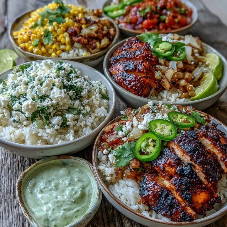 Overhead view of vibrant Street Corn Chicken and Rice Bowls featuring juicy chicken, golden charred corn, lime wedges, and jalapeños.