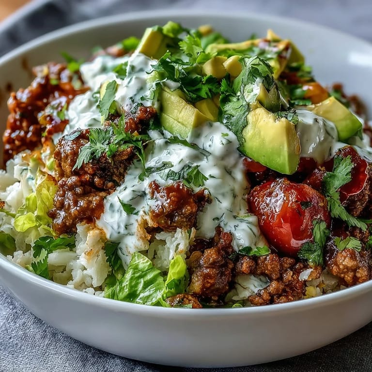 Low Carb Burrito Bowl garnished with avocado, cheddar, sour cream, and lime.