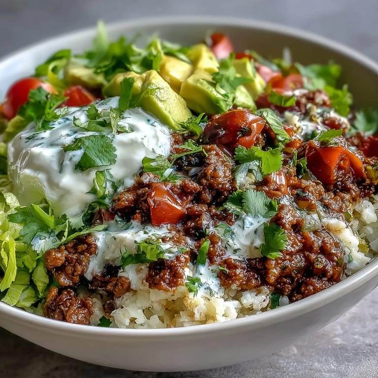 Sizzling beef and cauliflower rice create a vibrant, gluten-free Low Carb Burrito Bowl.