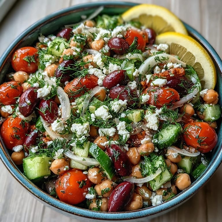 Serving suggestion for Greek Bean Salad with Lemon Marinated Beans alongside grilled chicken and crusty bread.