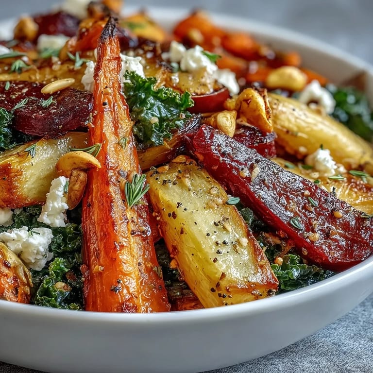 Freshly roasted vegetables in a colorful Winter Root Vegetable Bowl topped with tangy dressing and seeds.