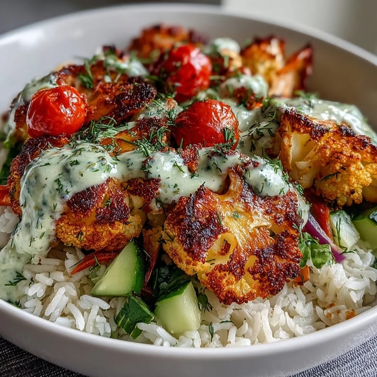 A vibrant Roasted Cauliflower Bowl features golden-brown florets nestled in rice, topped with shredded carrots, spinach, and red onion, finished with creamy tahini sauce.