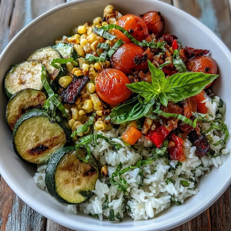 Sautéed Summer Vegetable Bowl served warm over fluffy rice, featuring juicy cherry tomatoes and colorful bell peppers, perfect for a light and healthy lunch or dinner.
