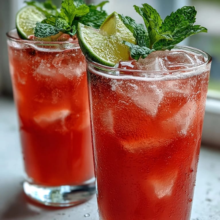Close-up of a tropical guava juice spritzer with bubbling sparkling water, fresh mint sprigs, and ice cubes, served in a clear glass.