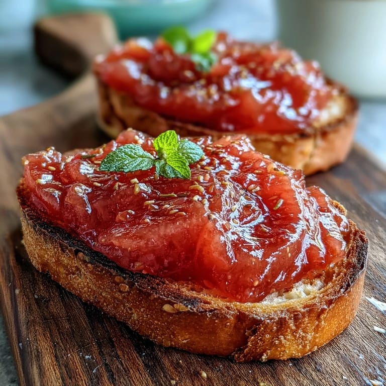 A spoonful of vibrant guava preserves swirled on a toasted brioche slice.