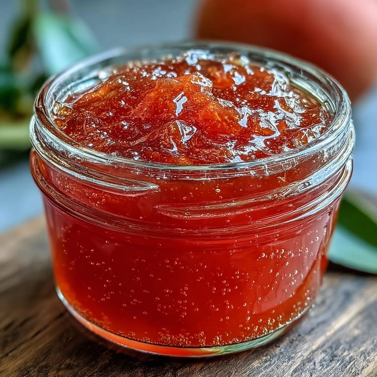 A spoon dipping into shimmering guava jelly, revealing the smooth, spreadable texture from ripe guava reduction.