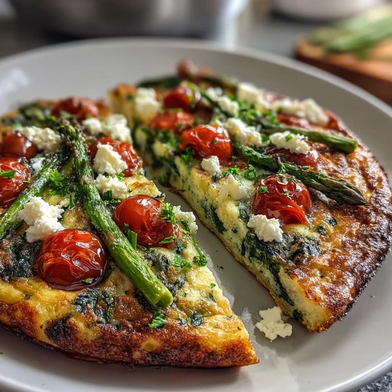 Wholesome Healthy Easy Spring Veggie Frittata with fluffy eggs, seasonal greens, and a sprinkle of feta, served warm from the oven.