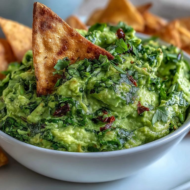 Vibrant green edamame guacamole paired with crunchy, spiced pita chips for a healthy snack.  