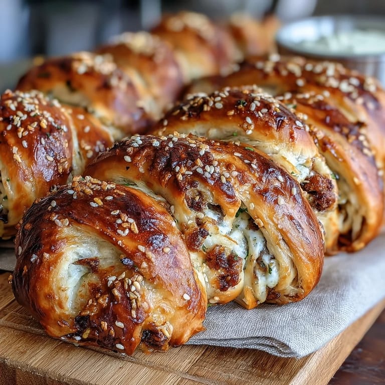 Classic pigs in a blanket with sesame-topped pastry, paired with creamy mustard dip for tailgating.