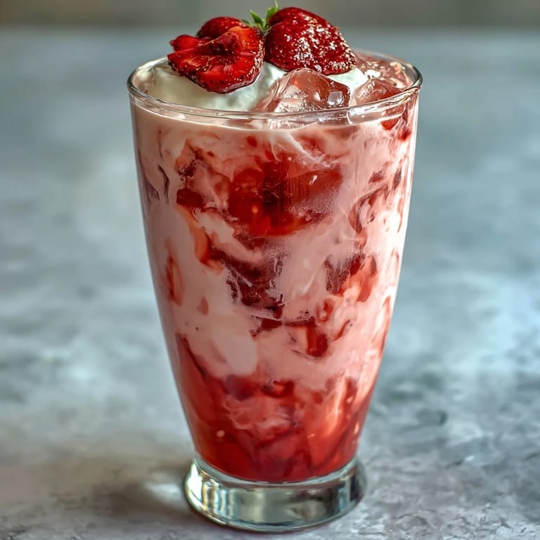 Refreshing Pink Drink Copycat featuring juicy strawberries, açaí, and coconut milk, served over ice with a frothy finish.