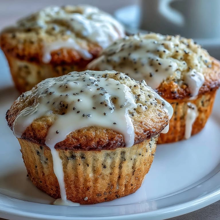 Fluffy lemon poppy seed muffins topped with a sweet lemon glaze, offering a delightful citrusy crunch in every bite.