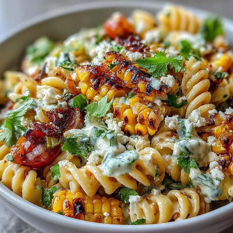 Creamy Elote Pasta Salad with smoky paprika, fresh vegetables, and a zesty lime dressing, topped with crumbled Cotija cheese.