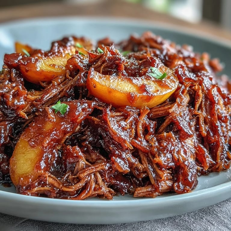 Tender pork shoulder infused with peach preserves and honey, served in a tangy, slow-cooker BBQ masterpiece.