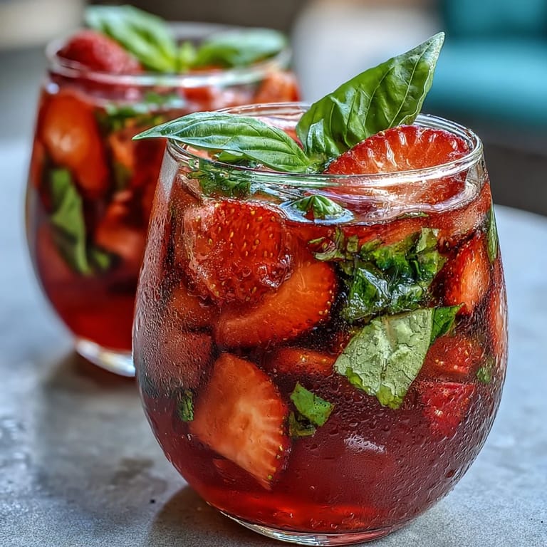 Close-up of a glass filled with Strawberry Basil Sangria Mocktail, showcasing bright red strawberries and green basil in sparkling liquid.