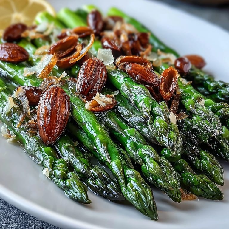 Crisp-tender asparagus in a zesty lemon butter sauce, garnished with crunchy toasted almonds for a fresh, flavorful vegetable side.