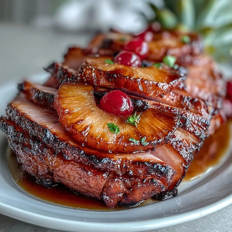 3. Festive ham baked to perfection, glistening with honey glaze and topped with juicy pineapple slices.