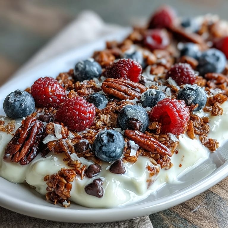 Frozen Yogurt Bark with Berries and Granola: sweet, creamy frozen yogurt topped with vibrant berries and wholesome granola, a delightful no-bake dessert.