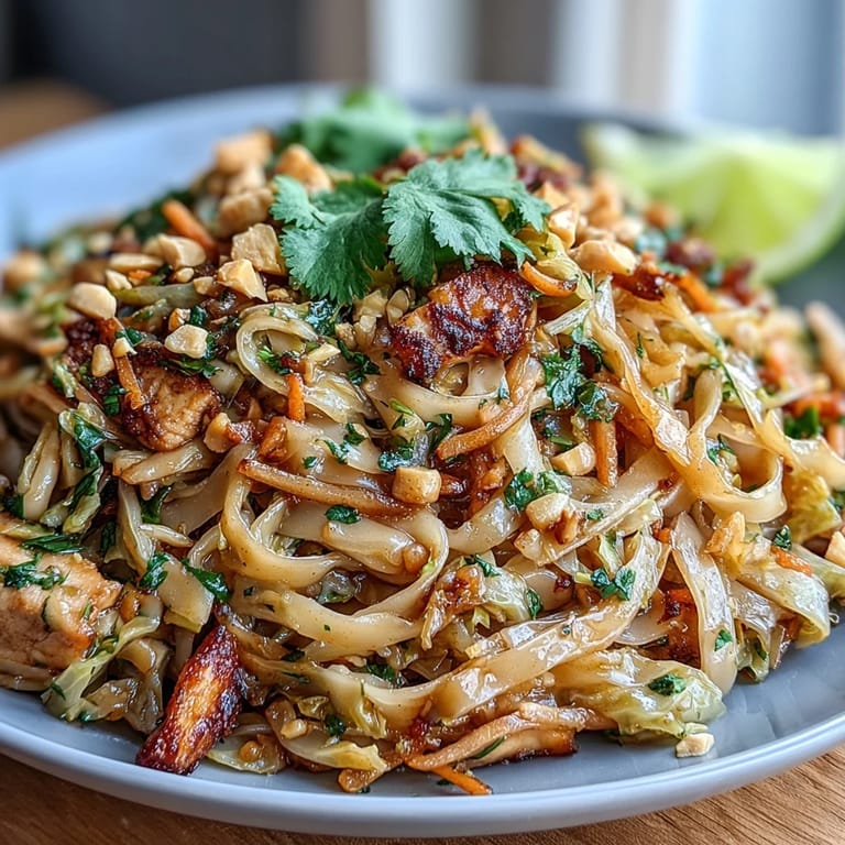 Low-carb Cabbage Pad Thai featuring tender-crisp cabbage "noodles," vibrant vegetables, and a zesty sauce, garnished with cilantro and chopped peanuts.