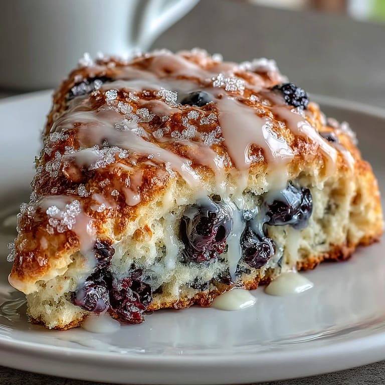 Fluffy, buttery scones packed with juicy blueberries and topped with a sweet lemon glaze, ideal for a delightful morning snack.