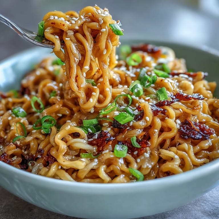 Instant ramen transformed with garlic butter, brown sugar, and soy sauce, topped with green onions and a soft-boiled egg.
