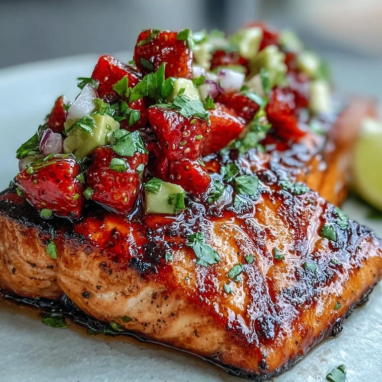 A close-up of flaky grilled salmon topped with a colorful mix of diced strawberries and creamy avocado salsa, perfect for a healthy main course.