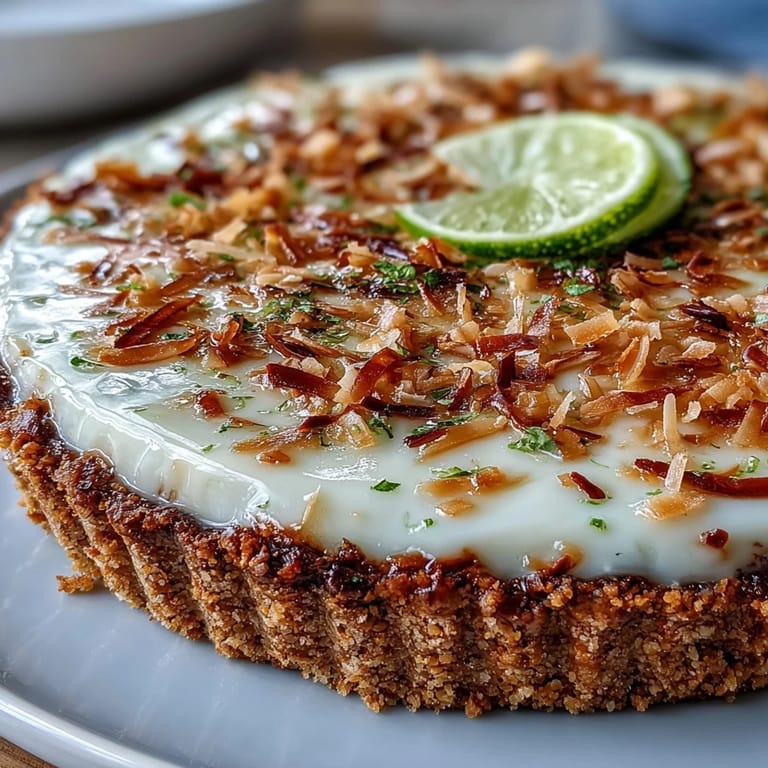 Vibrant coconut lime tart slices with a crisp graham cracker base, garnished with fresh lime zest and fluffy whipped cream.