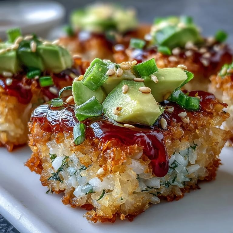 Golden, crunchy rice squares served with diced avocado, fresh cucumber, and a zesty spicy tuna topping in a fusion-inspired salad.  