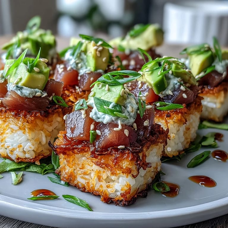 Close-up of a sushi-inspired crispy rice salad featuring spicy tuna, creamy avocado, and a drizzle of sesame dressing for bold flavor.