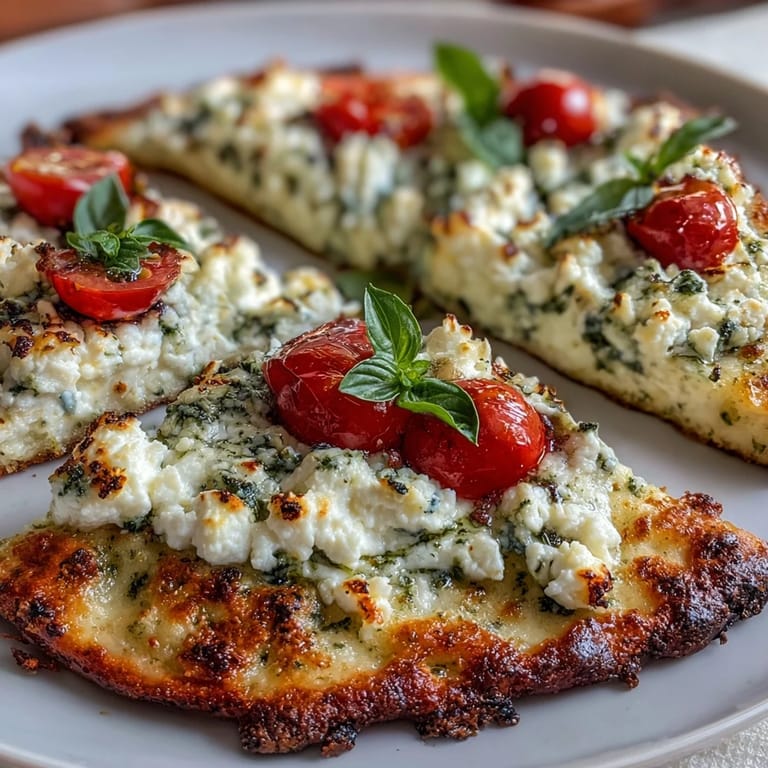 High-protein cottage cheese flatbread baked golden and garnished with vibrant pesto, halved tomatoes, and fresh basil leaves.