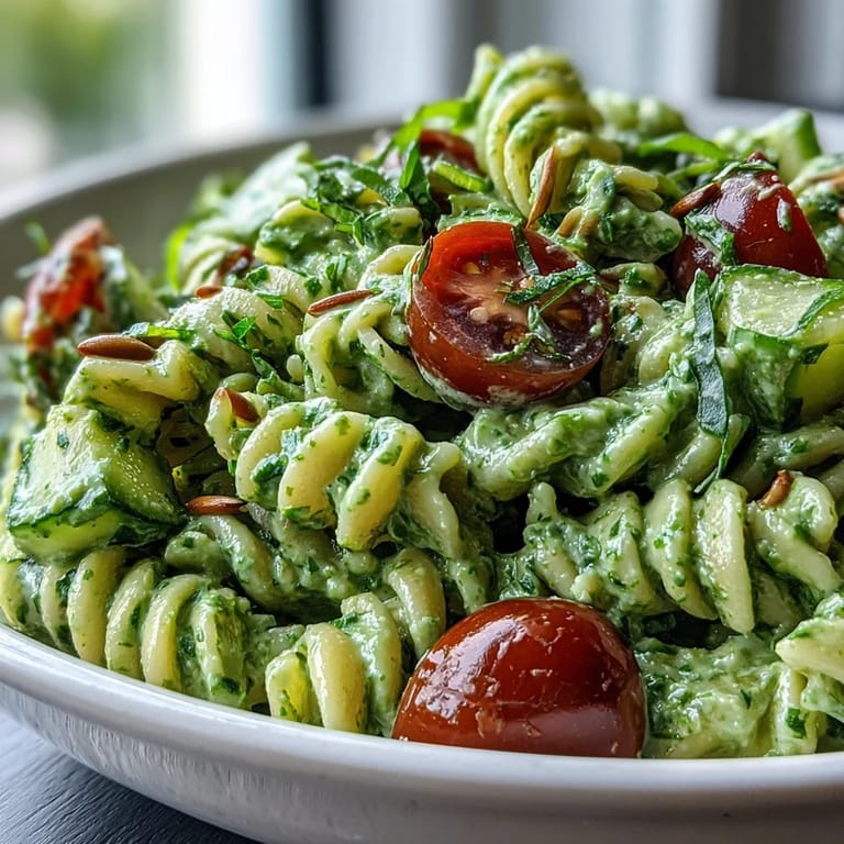 Colorful green goddess pasta salad with cherry tomatoes, cucumber, and spinach tossed in herby avocado dressing.  