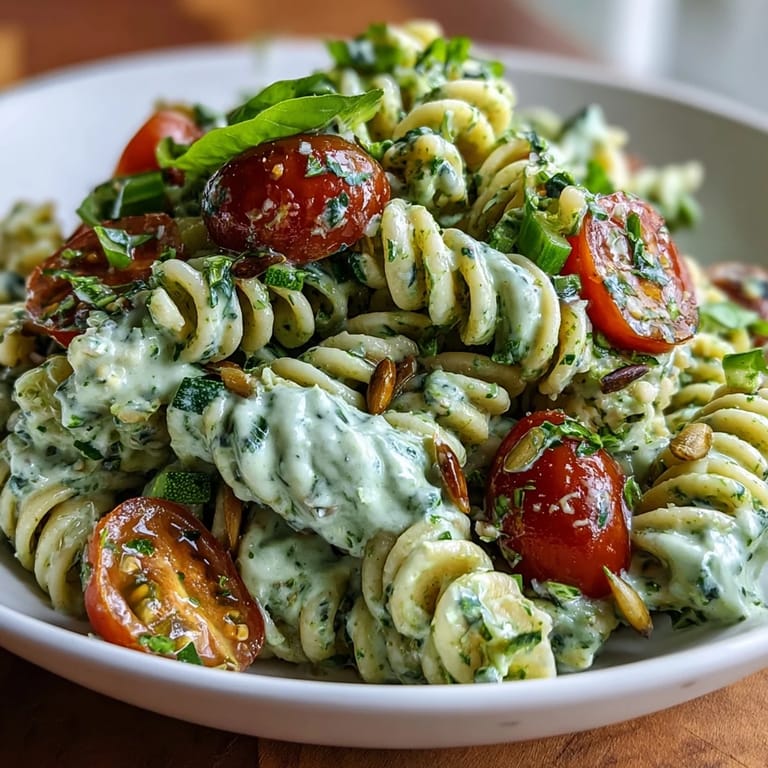 Fresh green goddess pasta salad featuring al dente pasta, crunchy vegetables, and creamy herb-infused dressing for a light meal.