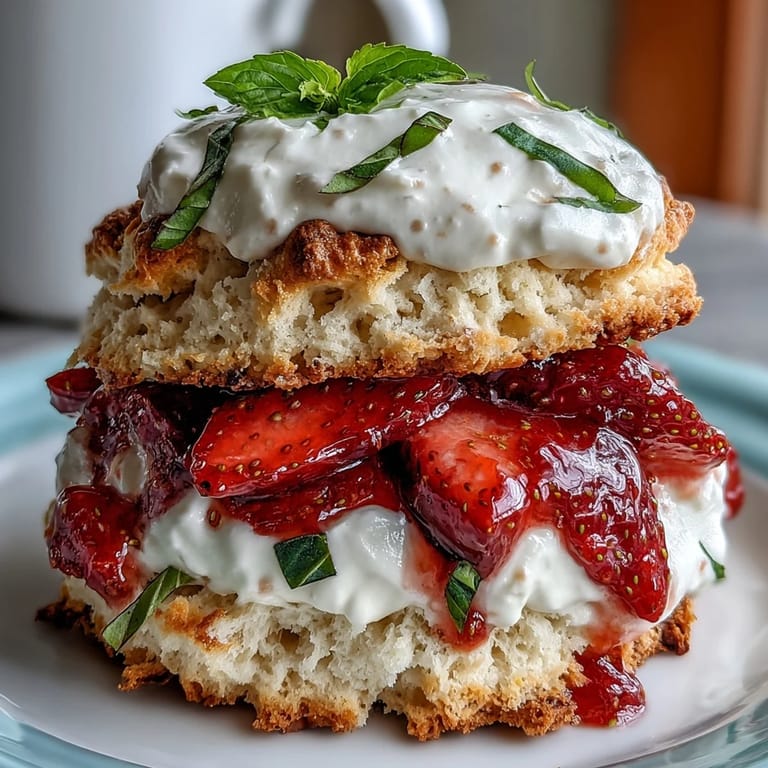 Golden biscuits layered with macerated strawberries and basil, topped with fluffy vanilla whipped cream.
