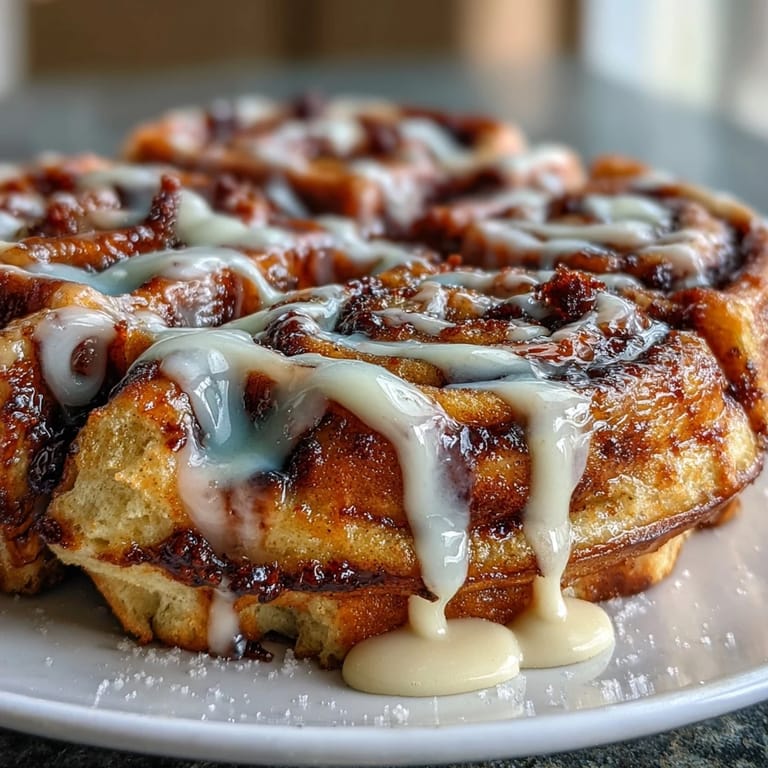 Warm waffles drizzled with a luscious cinnamon swirl and rich cream cheese glaze, ideal for weekend brunch indulgence.  