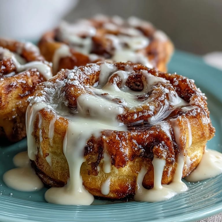 Golden waffles infused with cinnamon sugar, served warm with a silky vanilla cream cheese glaze for a decadent morning treat.