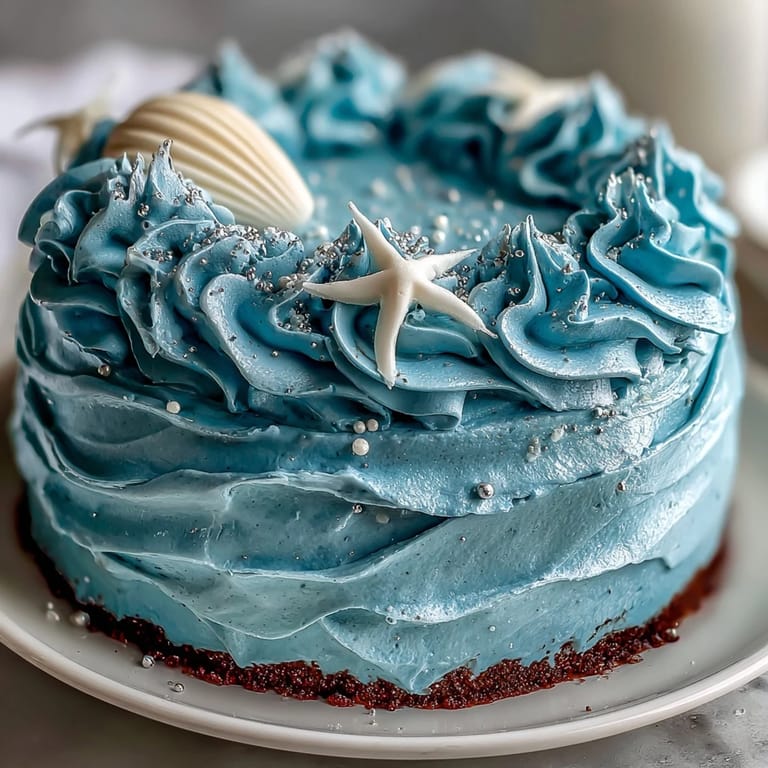 A stunning dessert: Cancer Zodiac Cake with ocean blue frosting and delicate shells.