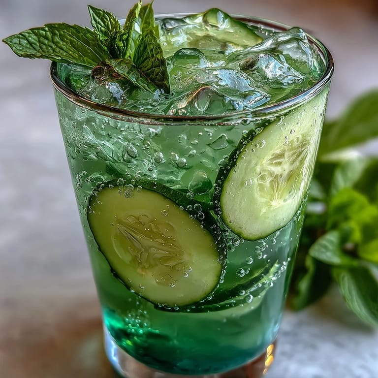 See this easy Sparkling Cucumber Mint Lemonade Mocktail, perfectly chilled and ready to serve.