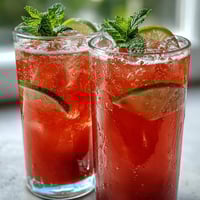 Two tall glasses of homemade guava juice with sparkling water sit over ice, garnished with fresh mint and lime wheels for a bright tropical refreshment.