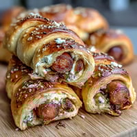 Bite-sized hot dogs wrapped in flaky crescent roll dough, baked golden and served with mustard and ketchup.
