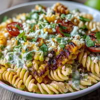 Vibrant Elote Pasta Salad with creamy Cotija, chili, and lime, featuring charred corn and fresh cilantro in a zesty dressing.  