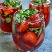 A vibrant pitcher of Strawberry Basil Sangria Mocktail with fresh strawberries and citrus slices floating in chilled grape juice.