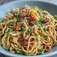 A steaming bowl of viral garlic butter ramen, glossy noodles coated in rich, savory sauce with a sprinkle of sesame seeds.