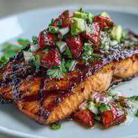 Grilled salmon with strawberry avocado salsa served on a white plate, garnished with fresh cilantro and lime wedges for a vibrant summer dinner.